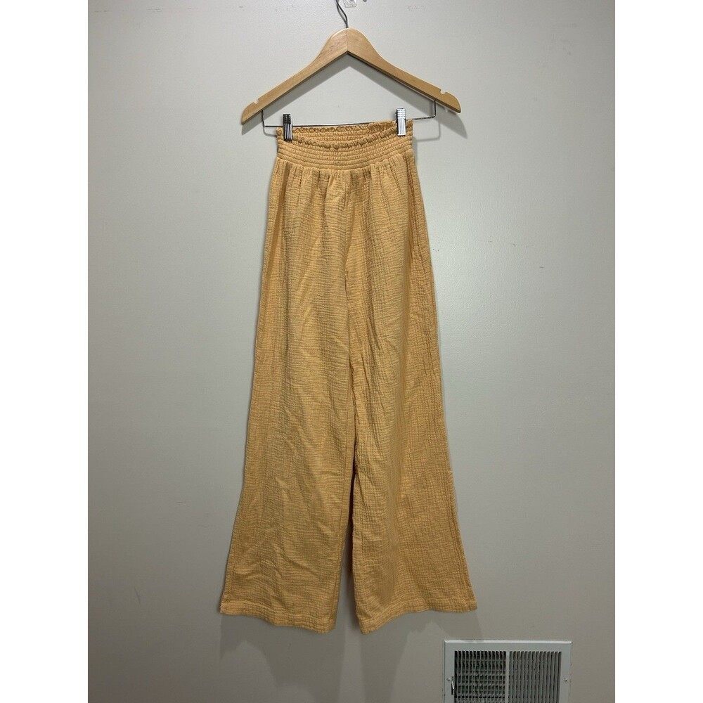 MONROW Organic Cotton Gauze Smocked Side Slit Wide Leg Pants Boho Size XS